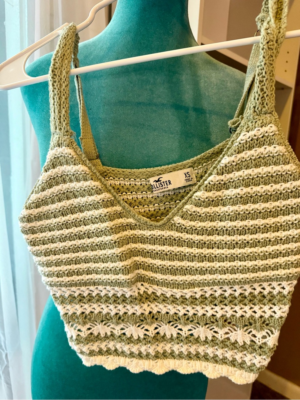 Hollister Olive Green and Cream Crochet Crop Tank